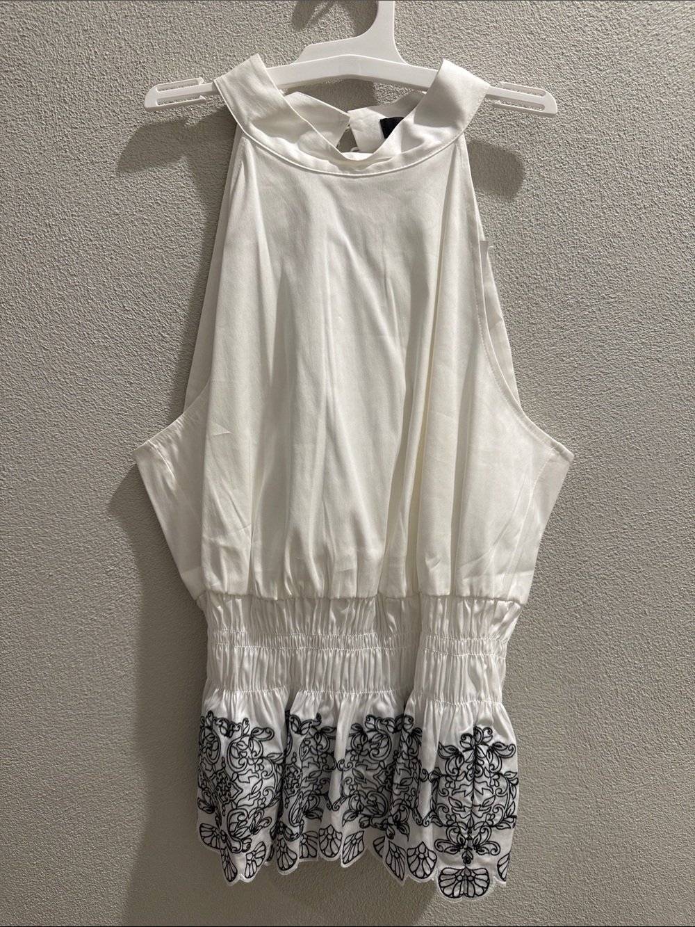 White Halter Tank with Black Embroidered Hem